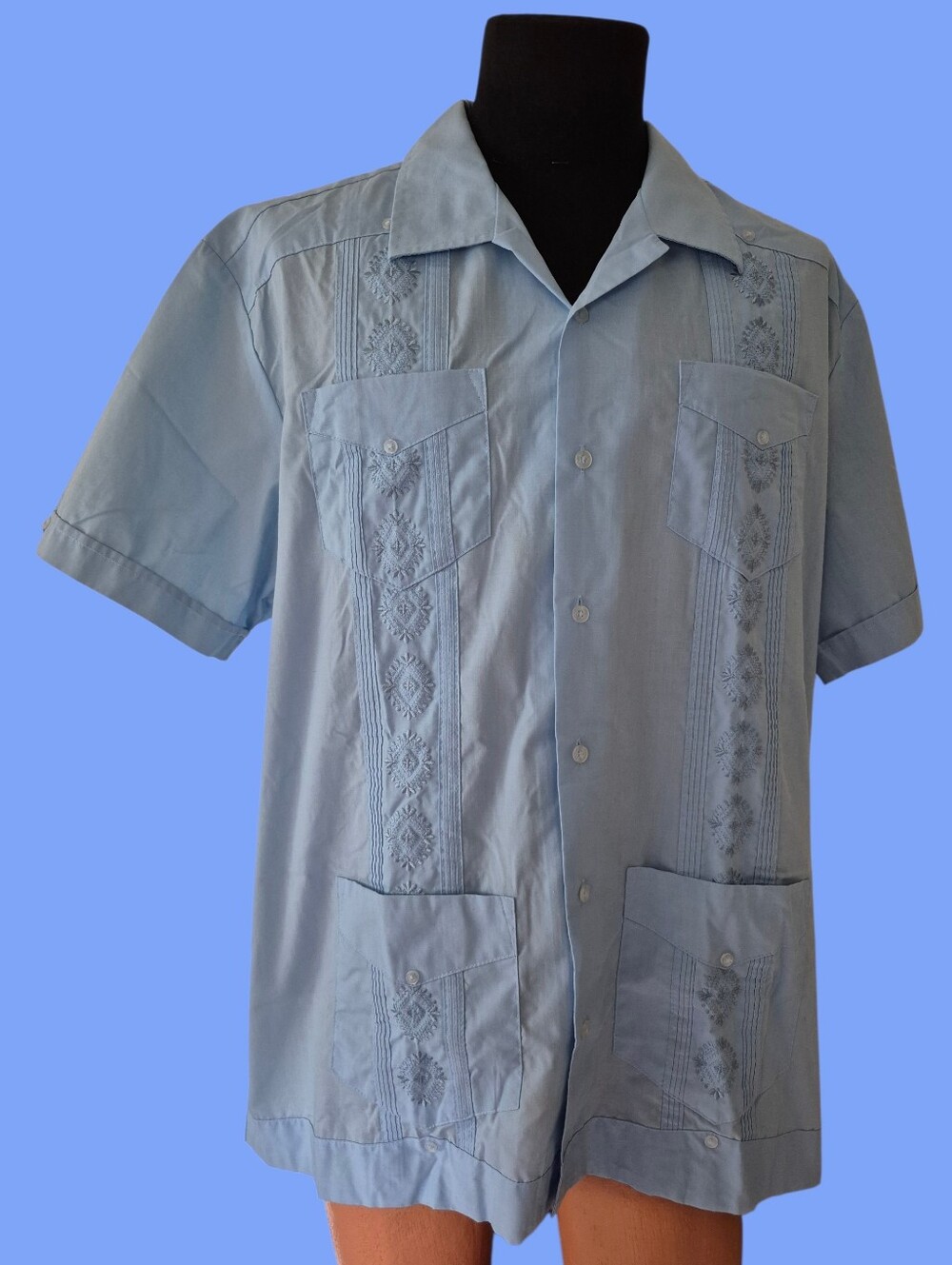 Rockabilly Guyabera Style Blue Shirt Xl